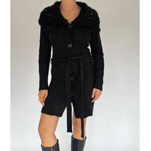 y2k vintage black glitter long cable knit cardigan collared belted sweater dress